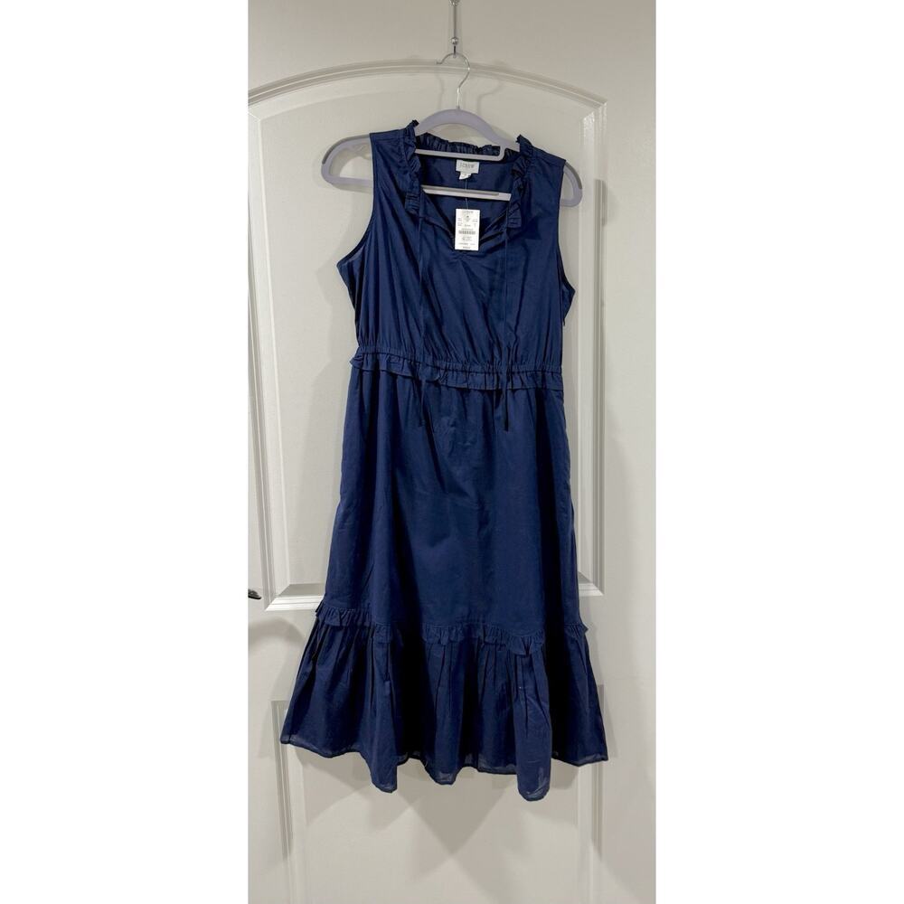 J.Crew Factory Midi Dress Size 4 Navy Tiered Fit & Flare NWT Tie-Neck Sleeveless - Picture 3 of 15